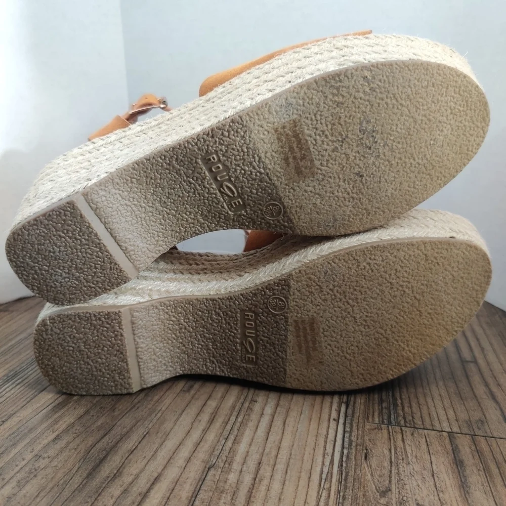 ROUGE Tradition Espadrille Sandals Ankle Strap Tan Faux Suede Platform Women 8.5